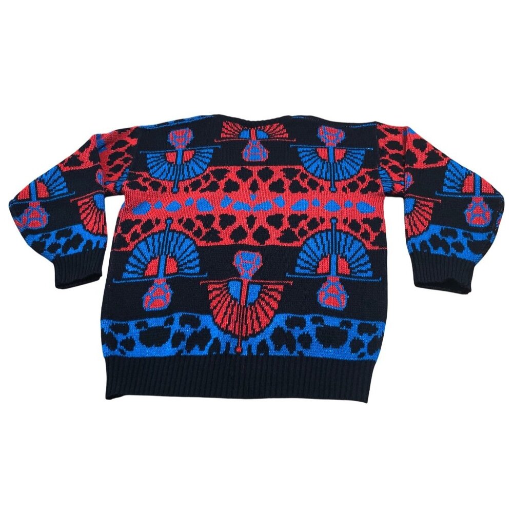 Vintage Lauren Knitwear Sweater Womens M 80s Red Blue Geometric Egyptian USA Shi - Picture 7 of 10